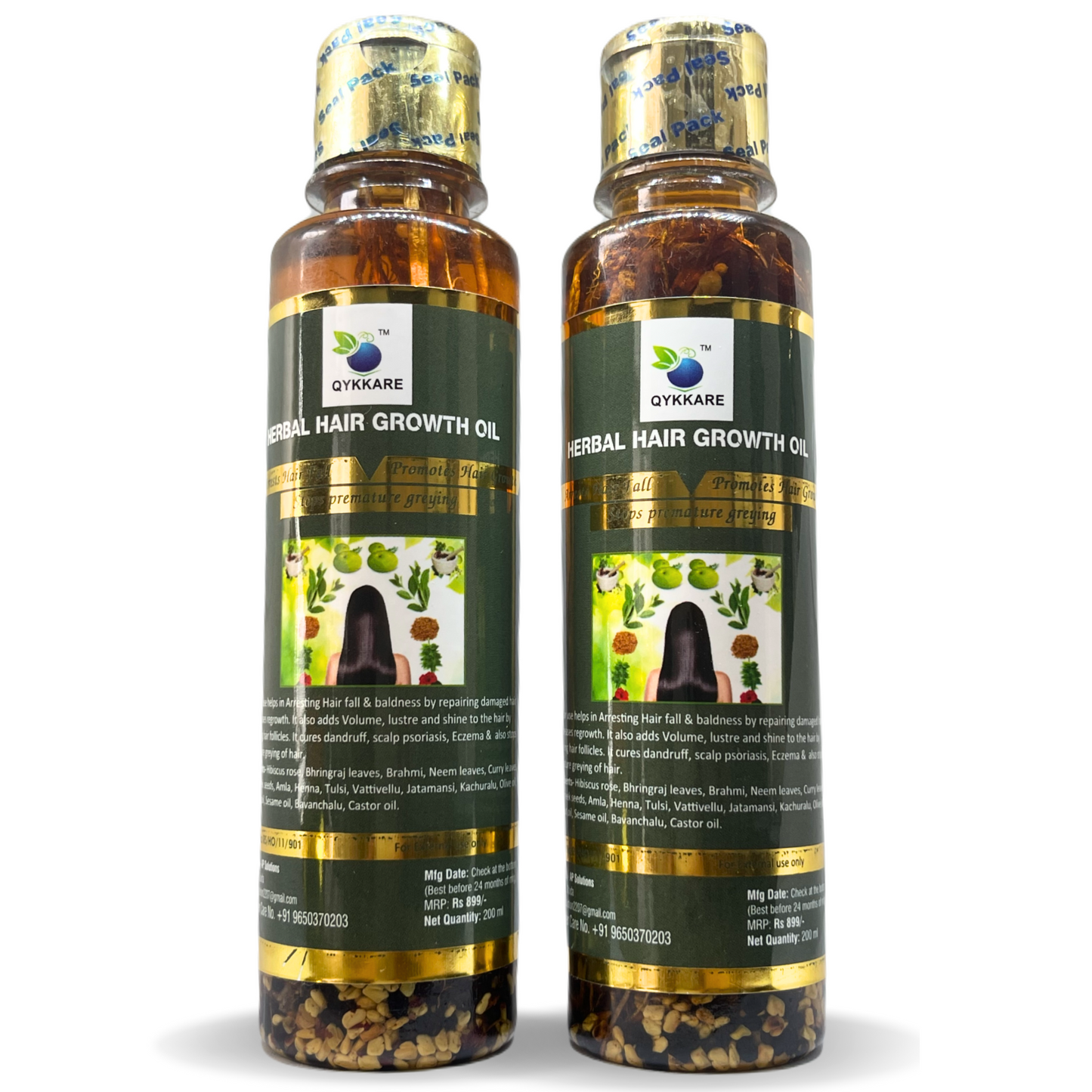 Two bottles of QYKKARE Herbal Hair Growth Oil with labels indicating it contains reetha, shikkai, amla, and fenugreek seeds among other natural herbs.