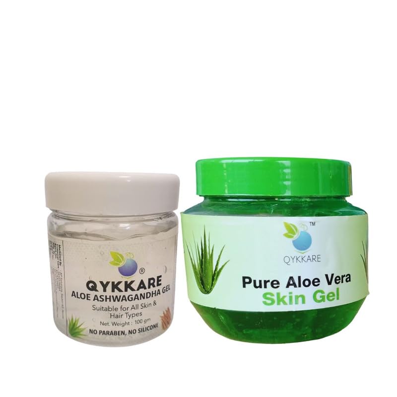 Qykkare Pure Aloe Vera skin Gel and and Aloe Ashwagandha Gel (300 gm) for bright Glowing Youthful skin