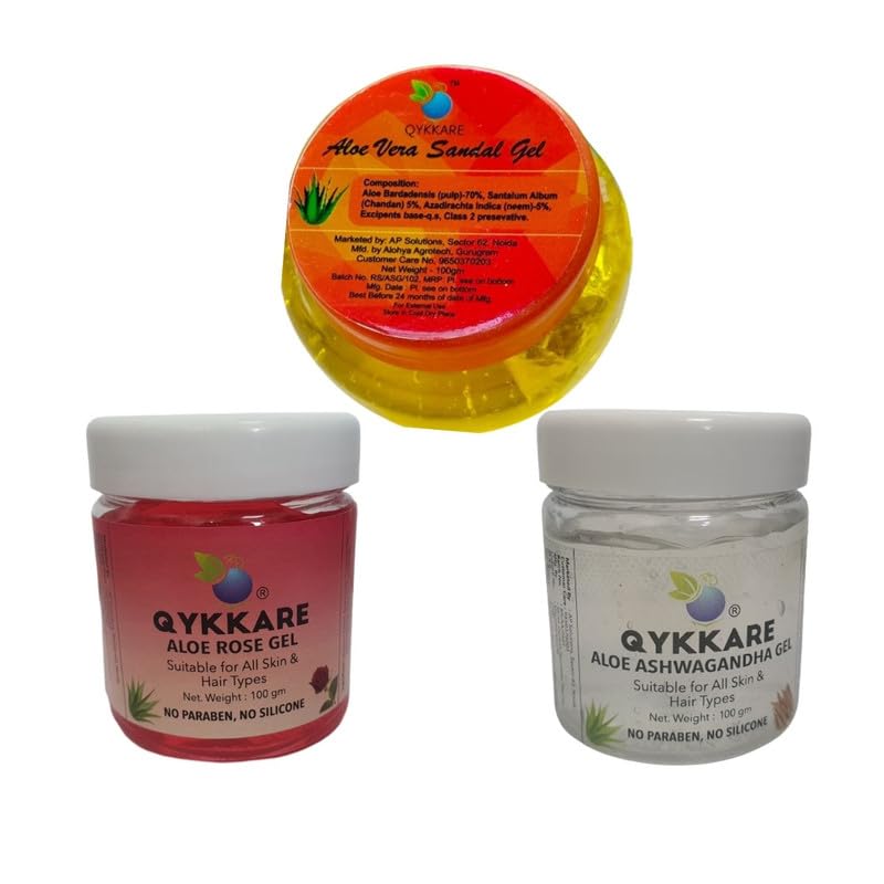 Qykkare Pure Aloevera Sandal Gel, Aloe Ashwagandha Gel & Aloe Rose Gel combo (100gm x3= 300 gm) for youthful Bright and hydrated skin texture