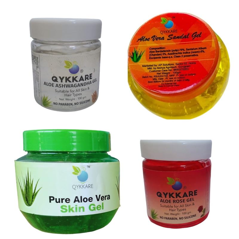 Qykkare Pure Alovera gel, Aloe Rose gel, Ashwagandha Aloe gel and Aloevera Sandalwood gel combo (500gm) for hydrated, glowing and bright skin