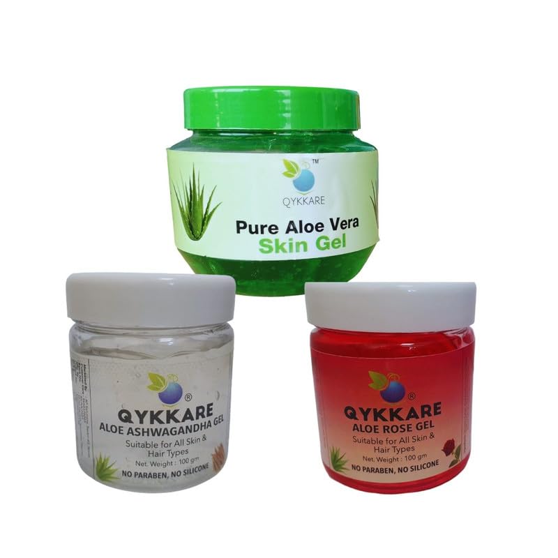 Qykkare Pure Aloevera Gel, Aloe Ashwagandha Gel & Aloe RoseGel combo (100gm,100gm, 200gm= 400 gm) for Bright glowin and immaculate skin texture