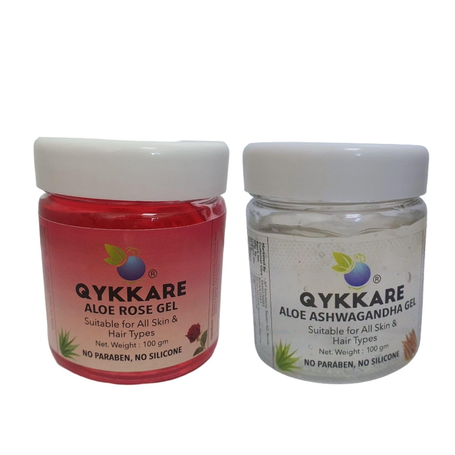 Qykkare Combo Pack of Aloe Rose Gel & Aloe Ashwagandha gel for skin hydration & youthful glowing skin (100gm × 2)