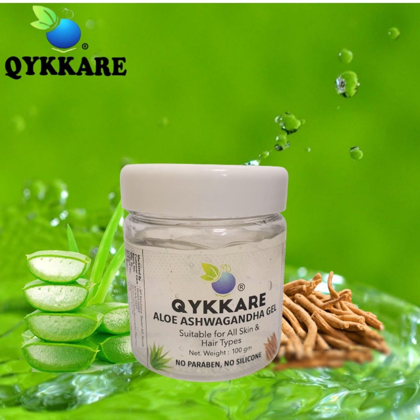 Qykkare Aloevera Ashwagandha gel for face and neck for youthful hydrated glowing skin (100gm × 2)