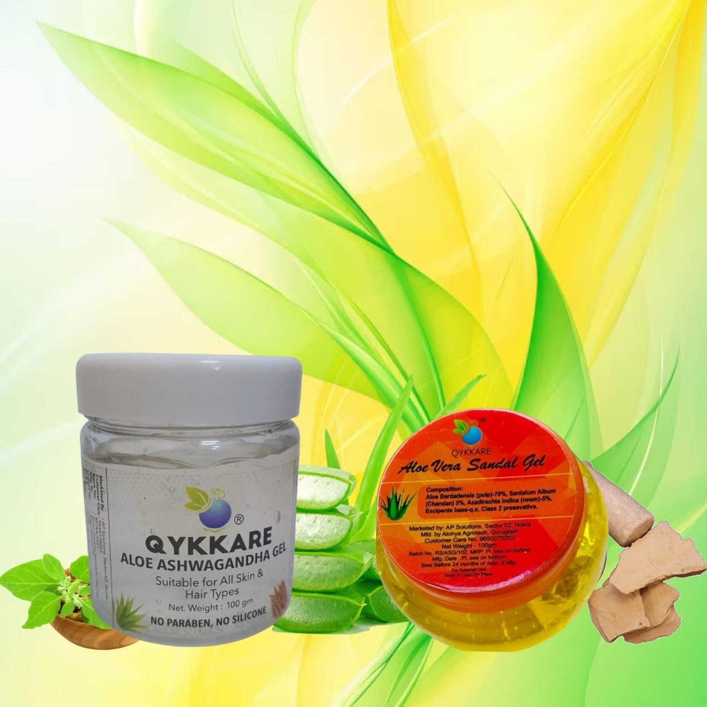 Qykkare Aloevera Sandal Gel and Aloe Ashwagandha Gel combo (100gm x 2) for radiant youthful skin