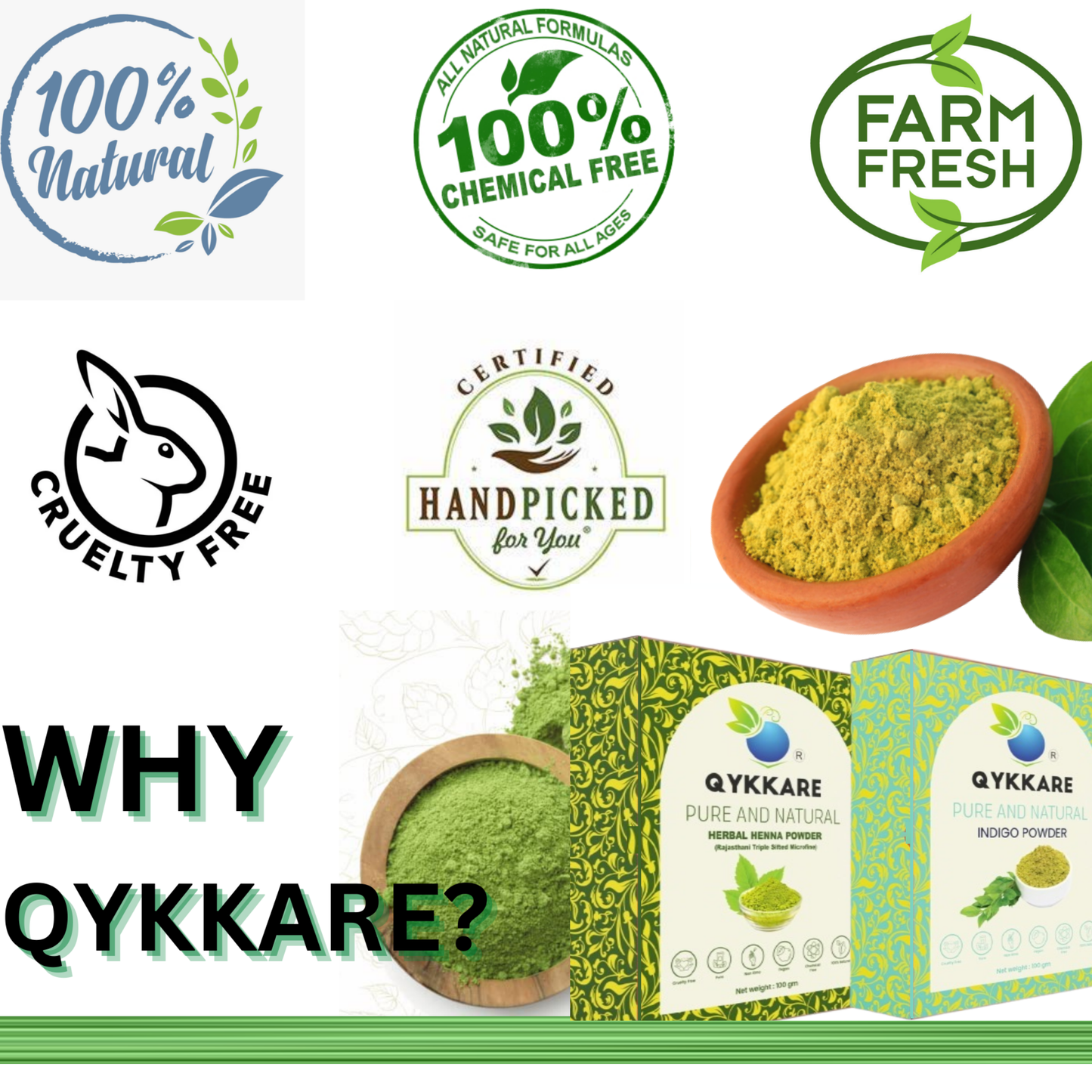 Qykkare Indigo and Herbal Henna Powder for Black Hair ( Pack of 2) 100gm x 2 = 200 gms