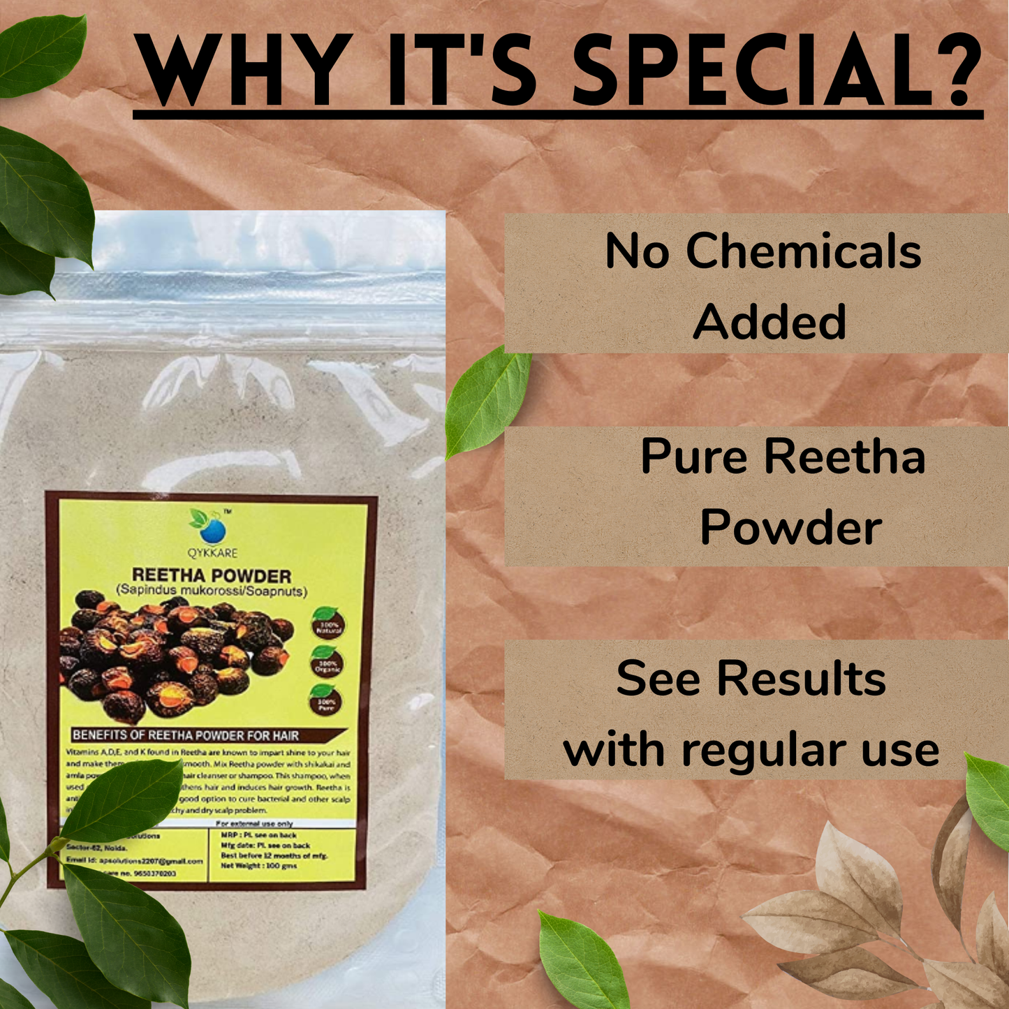 QYKKARE Premium Reetha Powder 100% Natural - (100gm x 2) 200gms