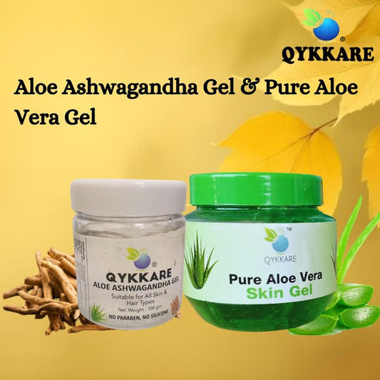 Qykkare Pure Aloe Vera skin Gel and and Aloe Ashwagandha Gel (300 gm) for bright Glowing Youthful skin