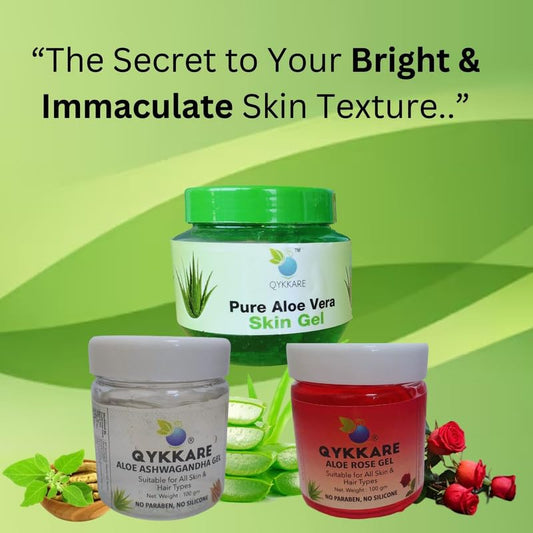 Qykkare Pure Aloevera Gel, Aloe Ashwagandha Gel & Aloe RoseGel combo (100gm,100gm, 200gm= 400 gm) for Bright glowin and immaculate skin texture