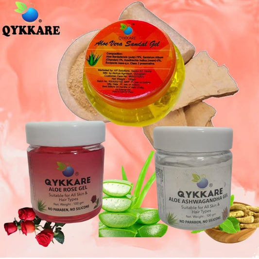 Qykkare Pure Aloevera Sandal Gel, Aloe Ashwagandha Gel & Aloe Rose Gel combo (100gm x3= 300 gm) for youthful Bright and hydrated skin texture