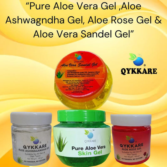 Qykkare Pure Alovera gel, Aloe Rose gel, Ashwagandha Aloe gel and Aloevera Sandalwood gel combo (500gm) for hydrated, glowing and bright skin